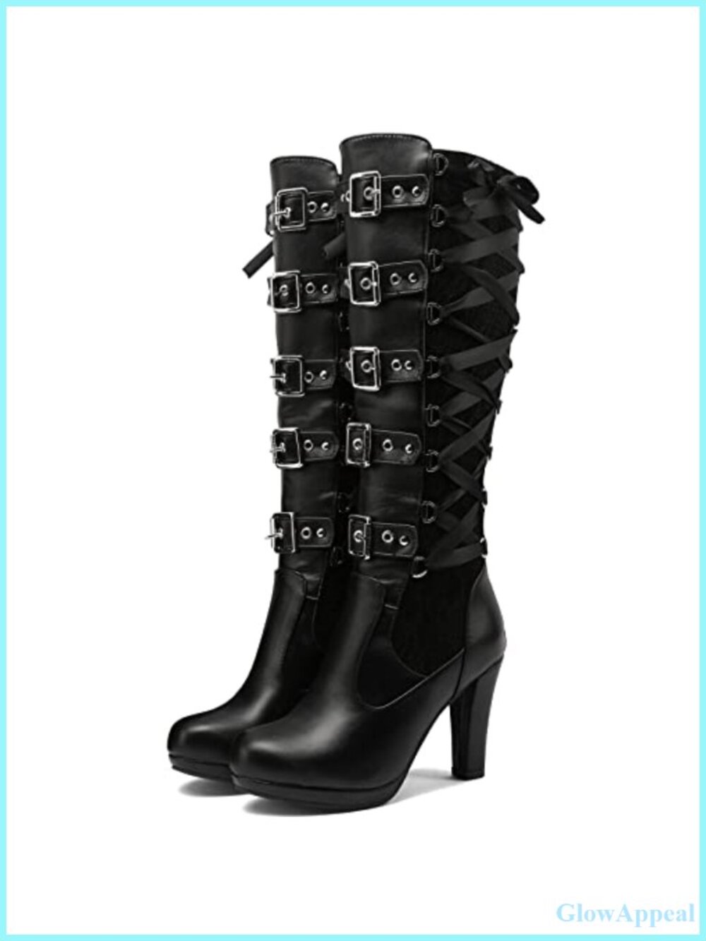 Women's Knee High Goth Boots Lace Up Buckle Block Heel